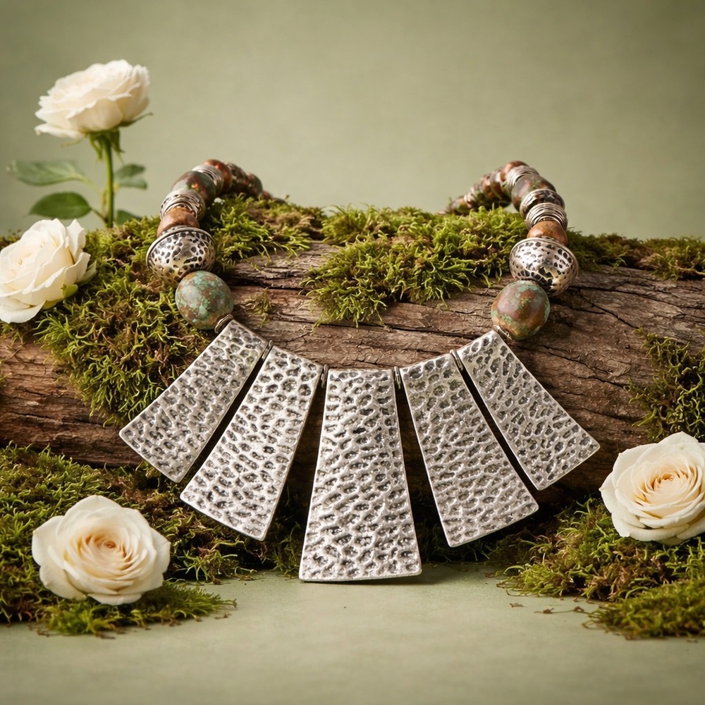 VCLM Hammered Silver-Tone Statement Bib Necklace Chunky Tribal Boho Collar